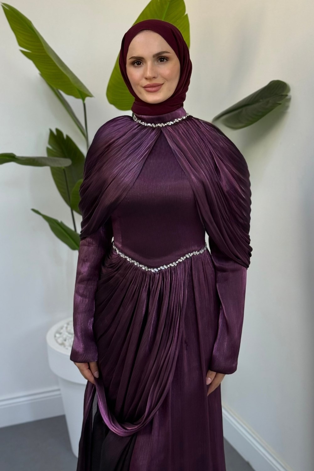 Alera Taşlı Pelerinli Jan Jan Abiye Mor