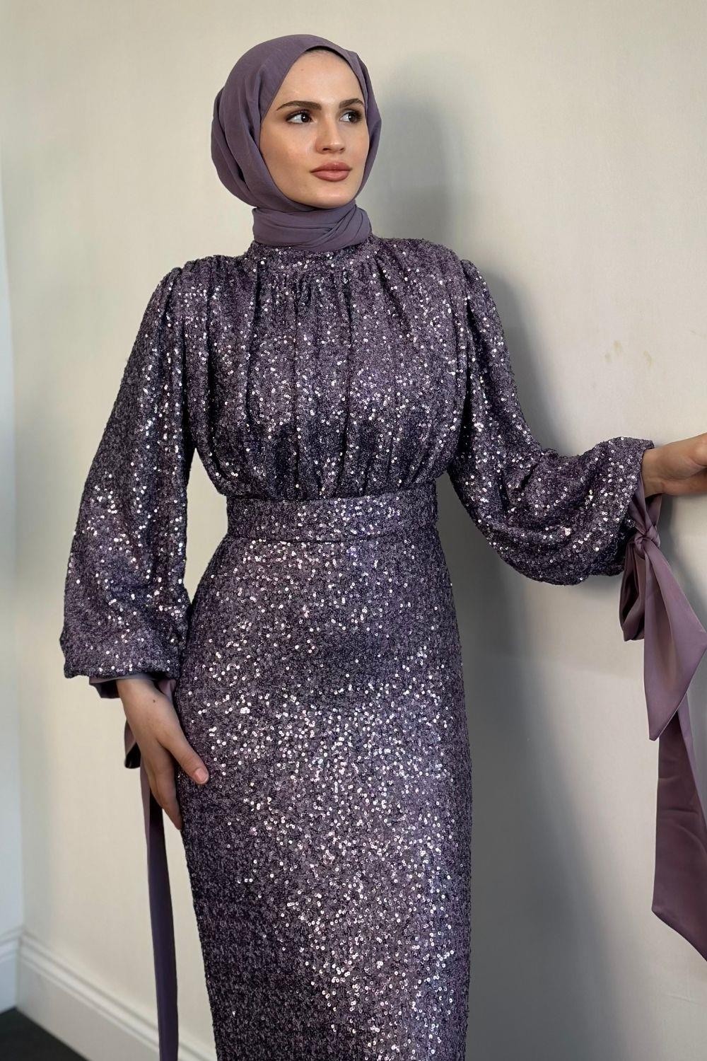 Angeline Drape Detay Pul Payet Abiye Lila
