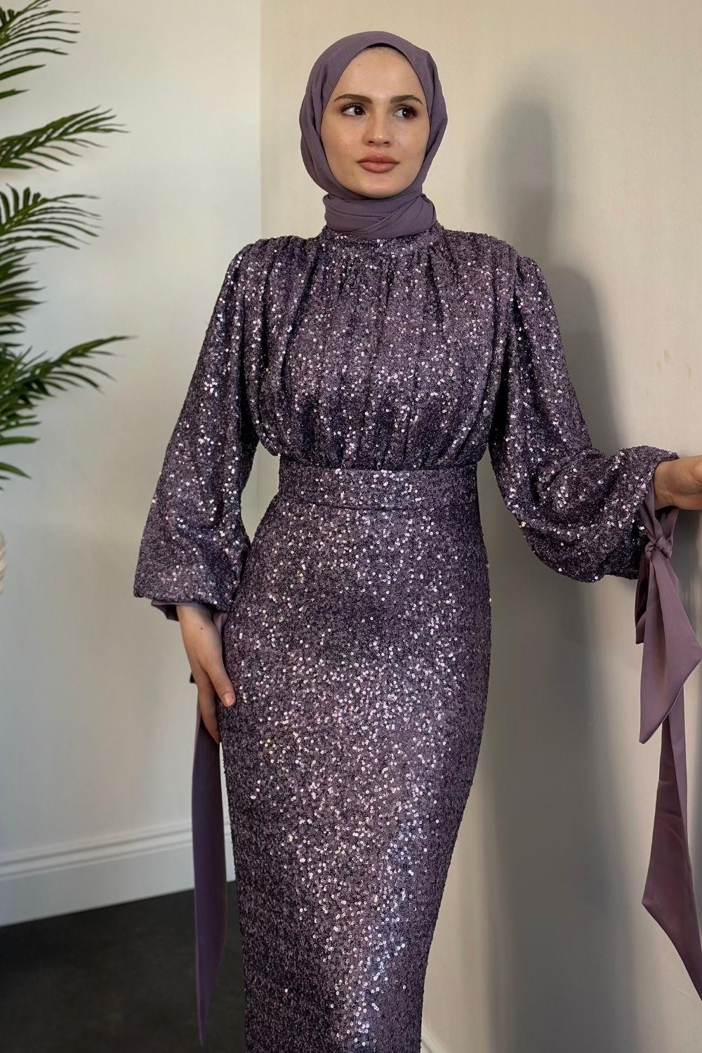 Angeline Drape Detay Pul Payet Abiye Lila