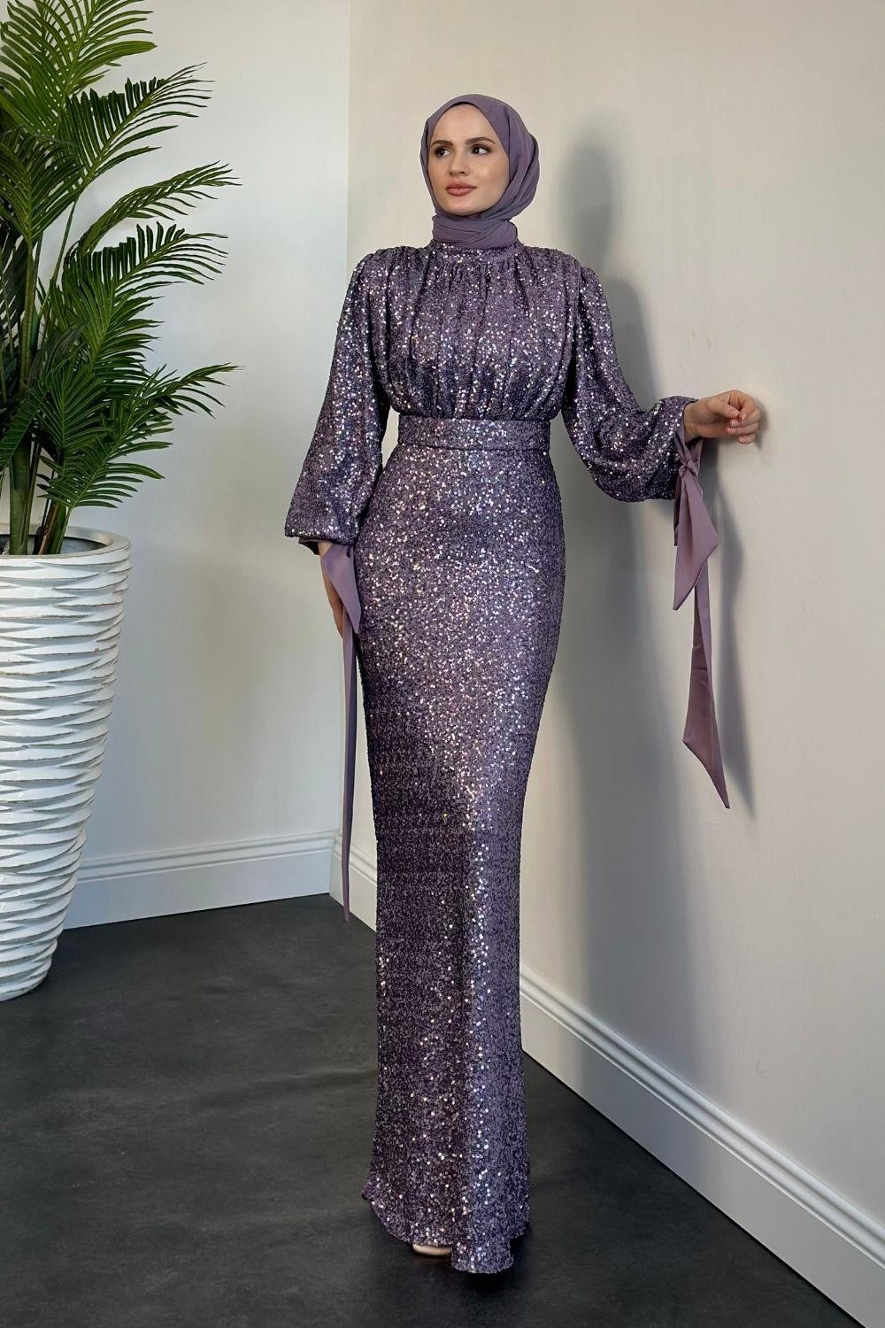 Angeline Drape Detay Pul Payet Abiye Lila
