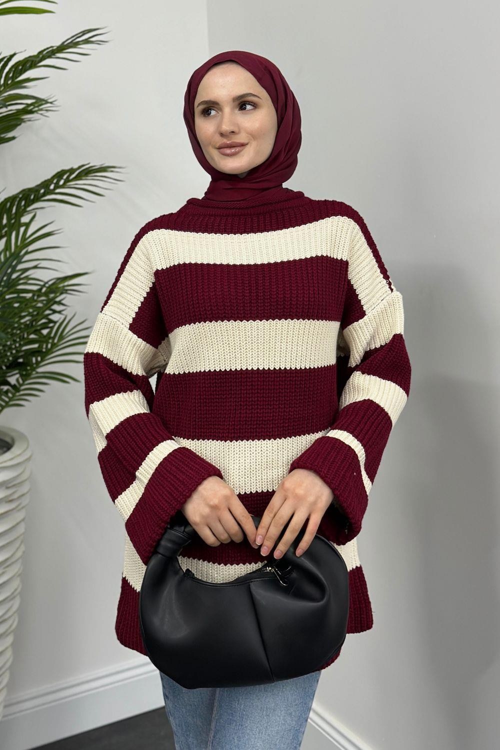 April Kalın Çizgili Kazak Bordo