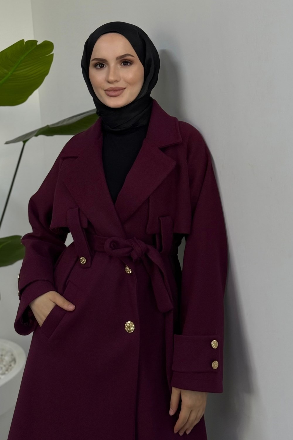 Azerra Astarlı Kaşe Kaban Mürdüm