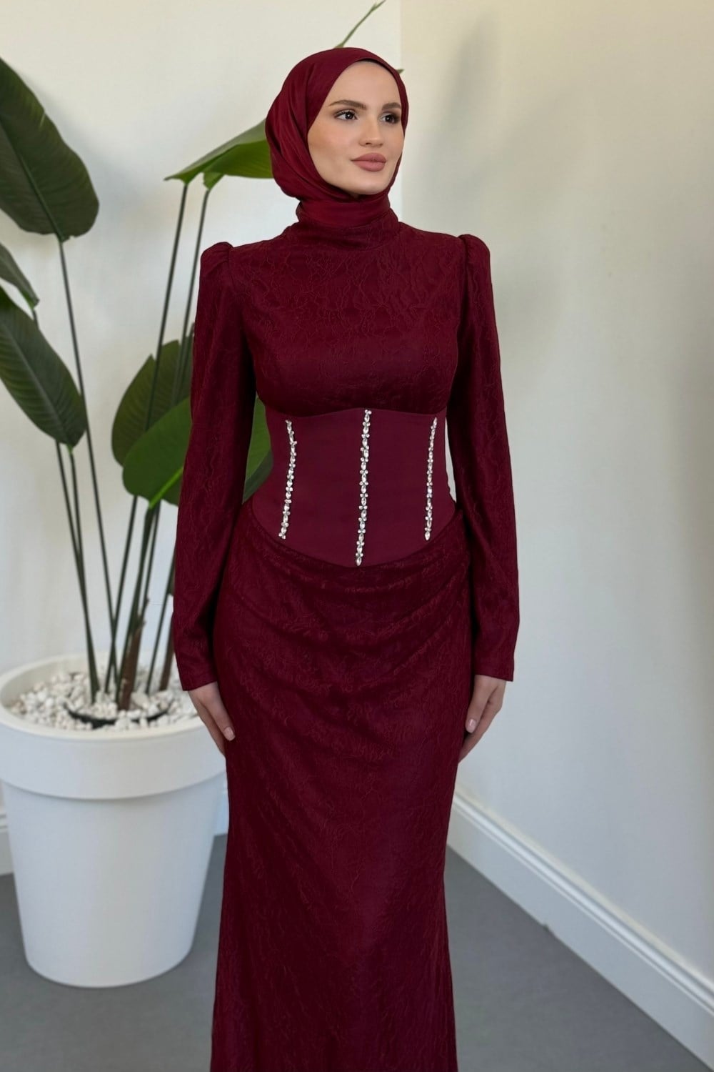 Calyra Seyyar Korseli Dantel Balık Abiye Bordo