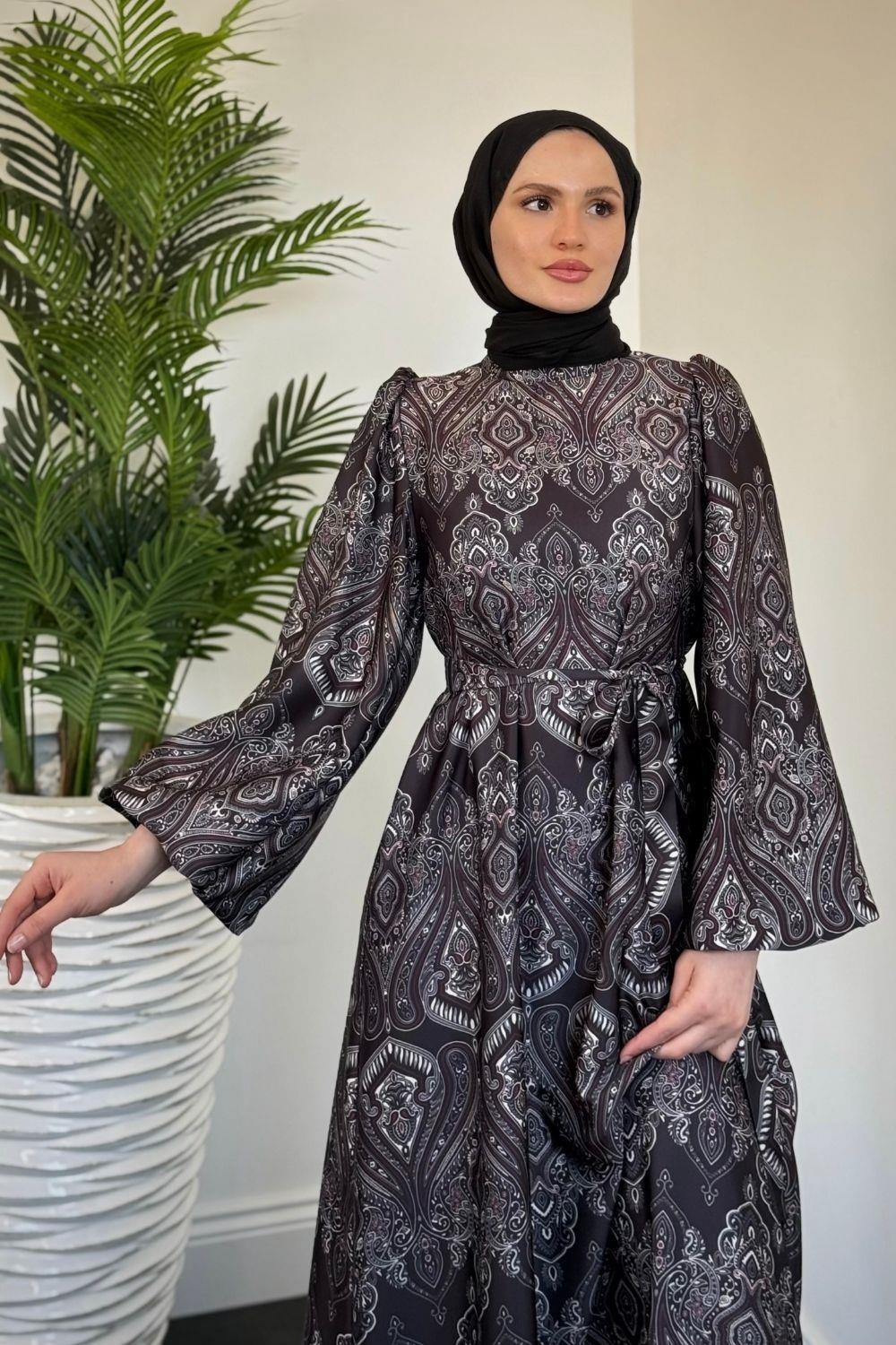 Lilsa Şal Desen Saten Abiye Siyah