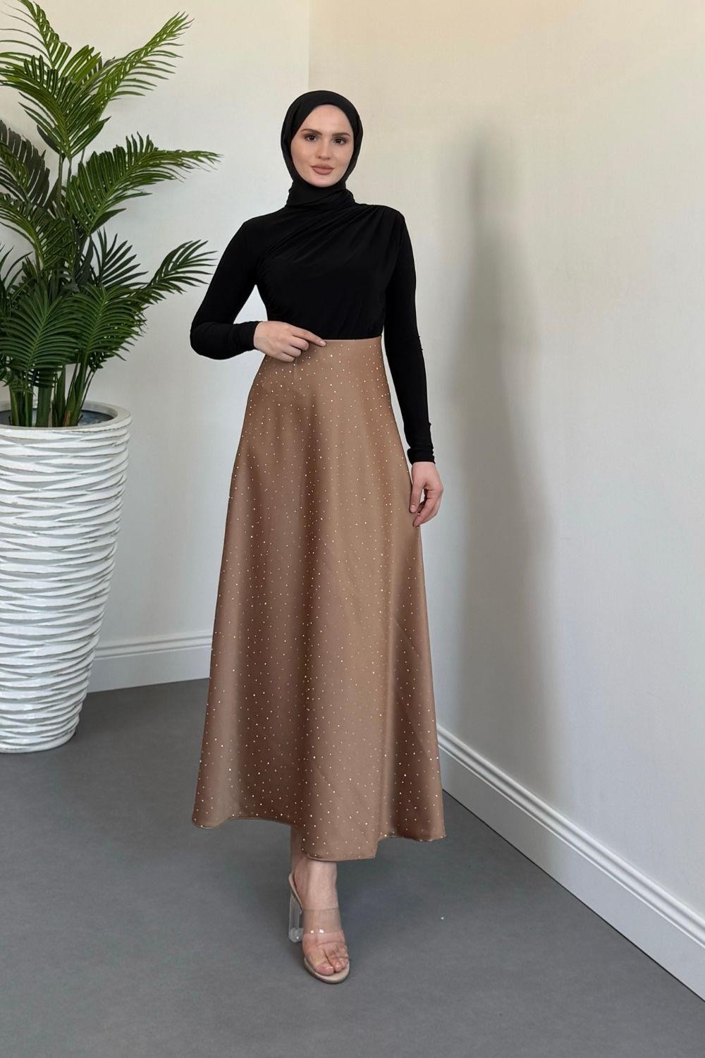 Ficus Taşlı Saten Etek Vizon