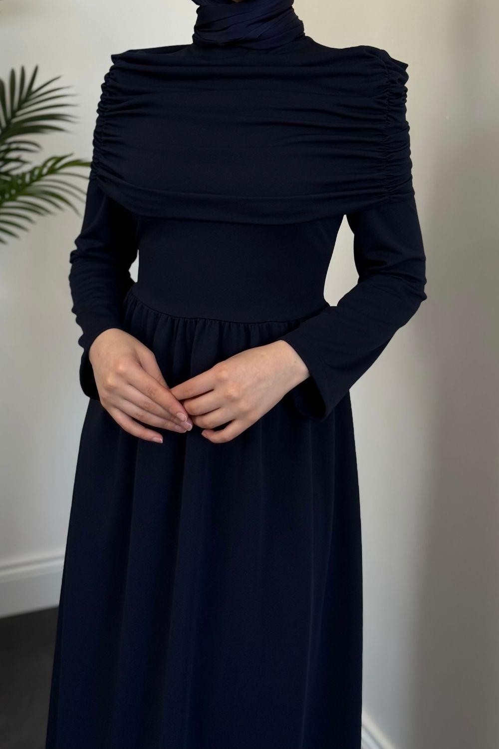 Flora Üstü Pelerinli Elbise Lacivert