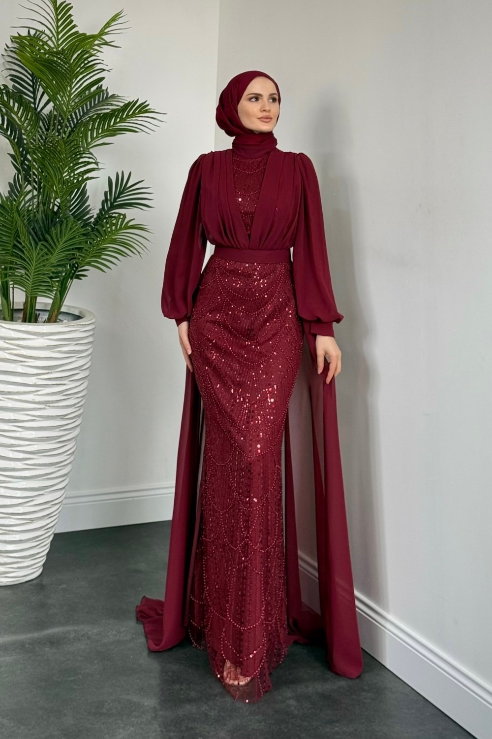Justina Boncuklu Pelerinli Abiye Bordo 
