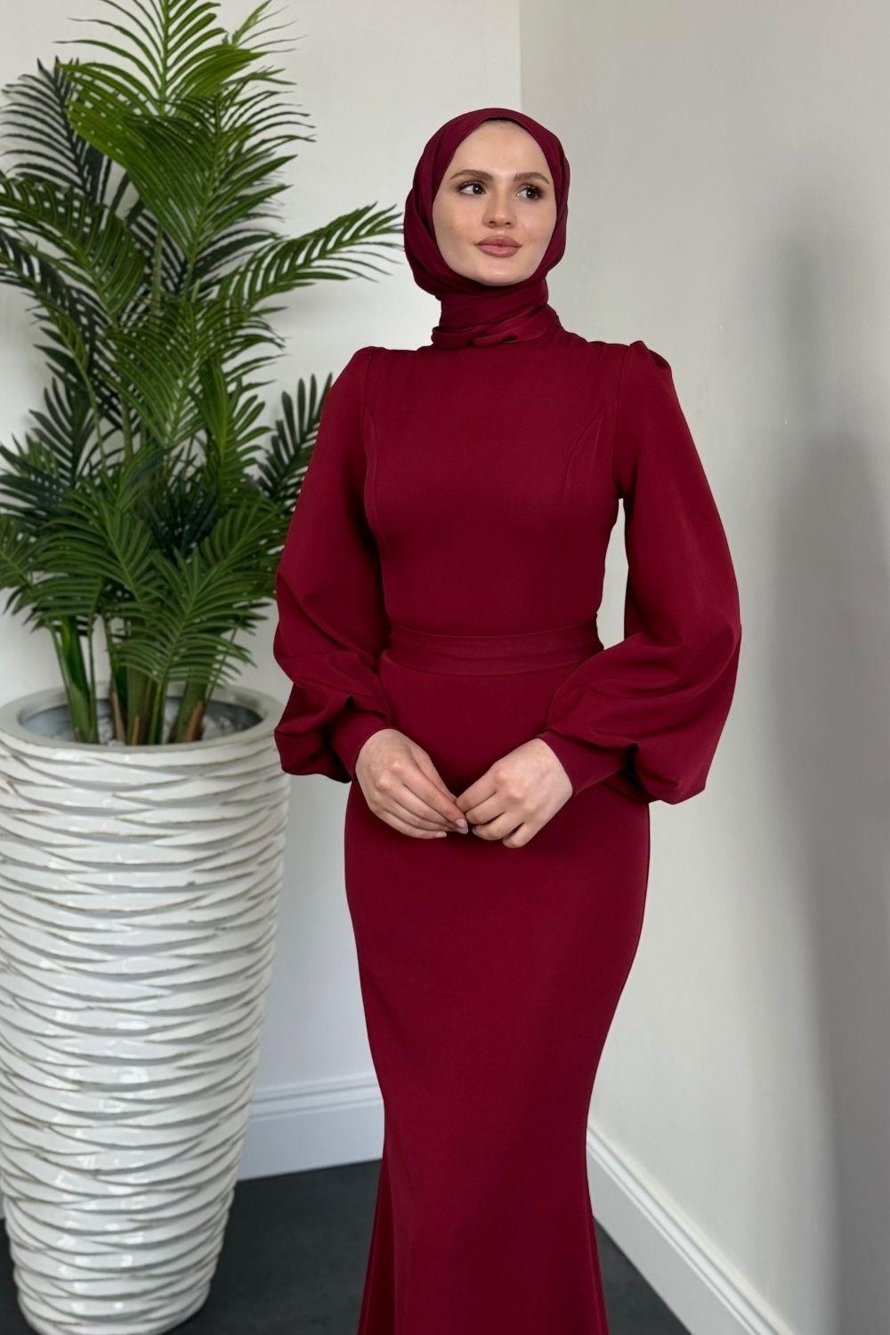 Lorenza Balon Kol Kuyruklu Abiye Bordo