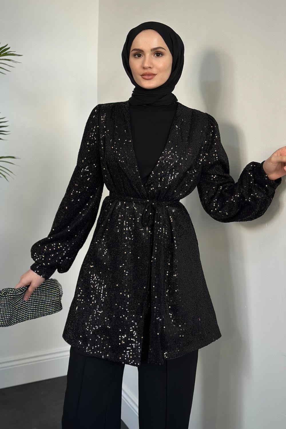 Marina Payetli Ceket Takım Siyah