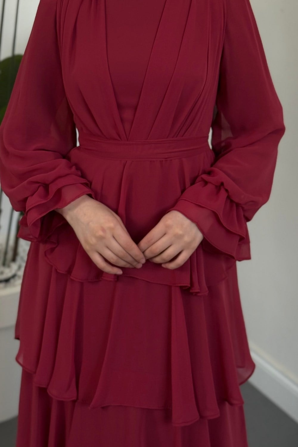 Morvella Kat Kat Şifon Elbise Bordo