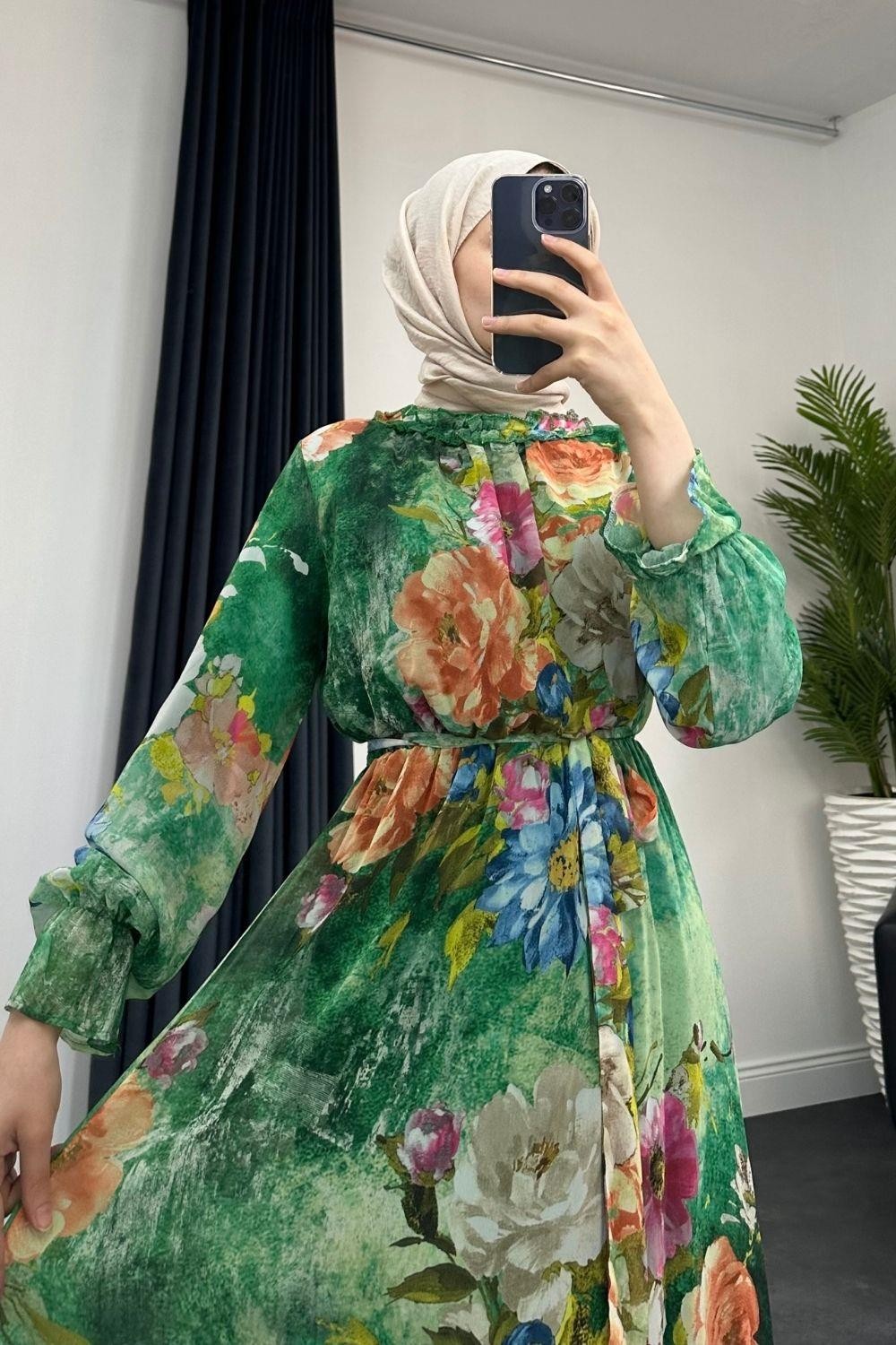 Nadya Astarlı Şifon Elbise Yeşil