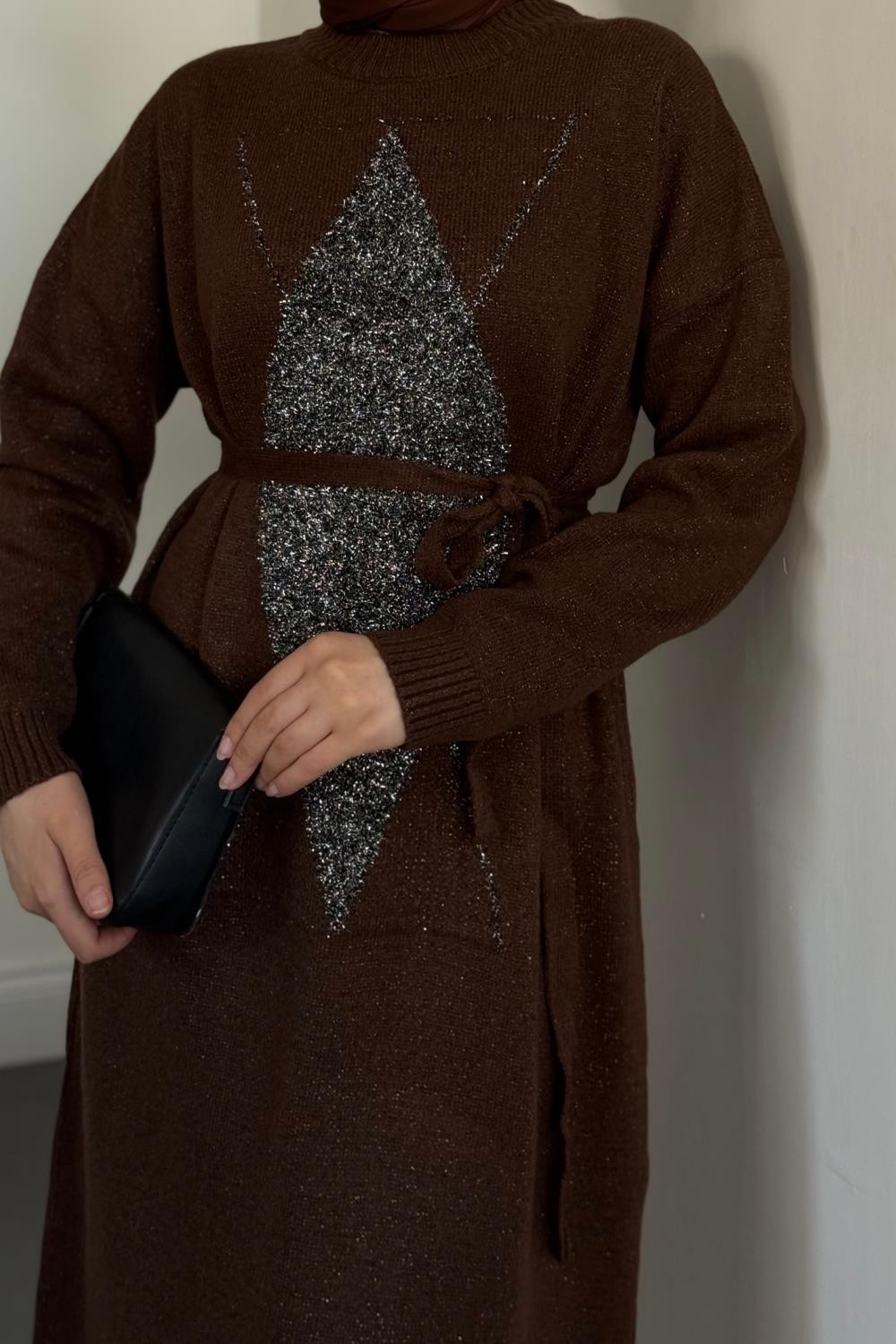 Nobile Yıldız Simli Triko Elbise Kahverengi