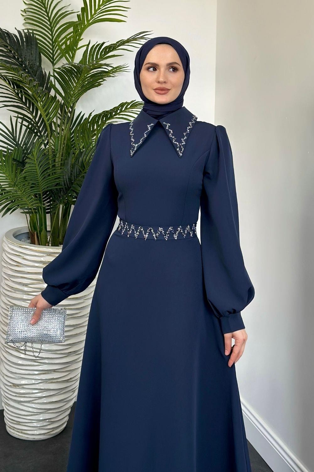 Nomi Yakası Taşlı Mevlana Kesim Abiye Lacivert