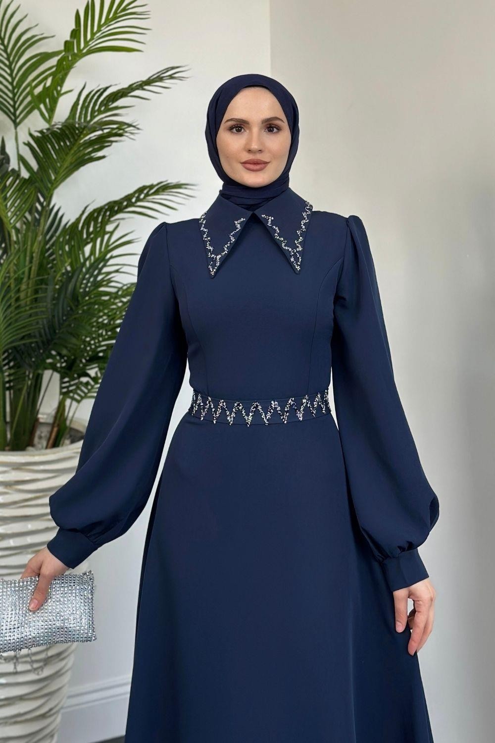 Nomi Yakası Taşlı Mevlana Kesim Abiye Lacivert