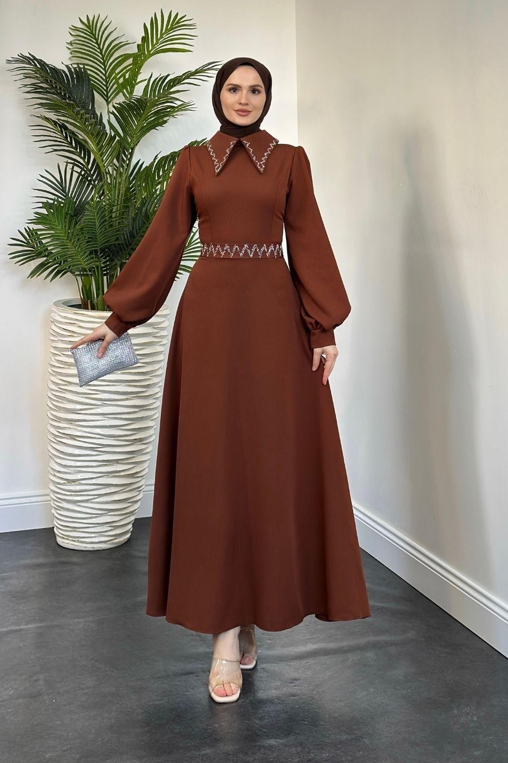 Nomi Yakası Taşlı Mevlana Kesim Abiye Kiremit