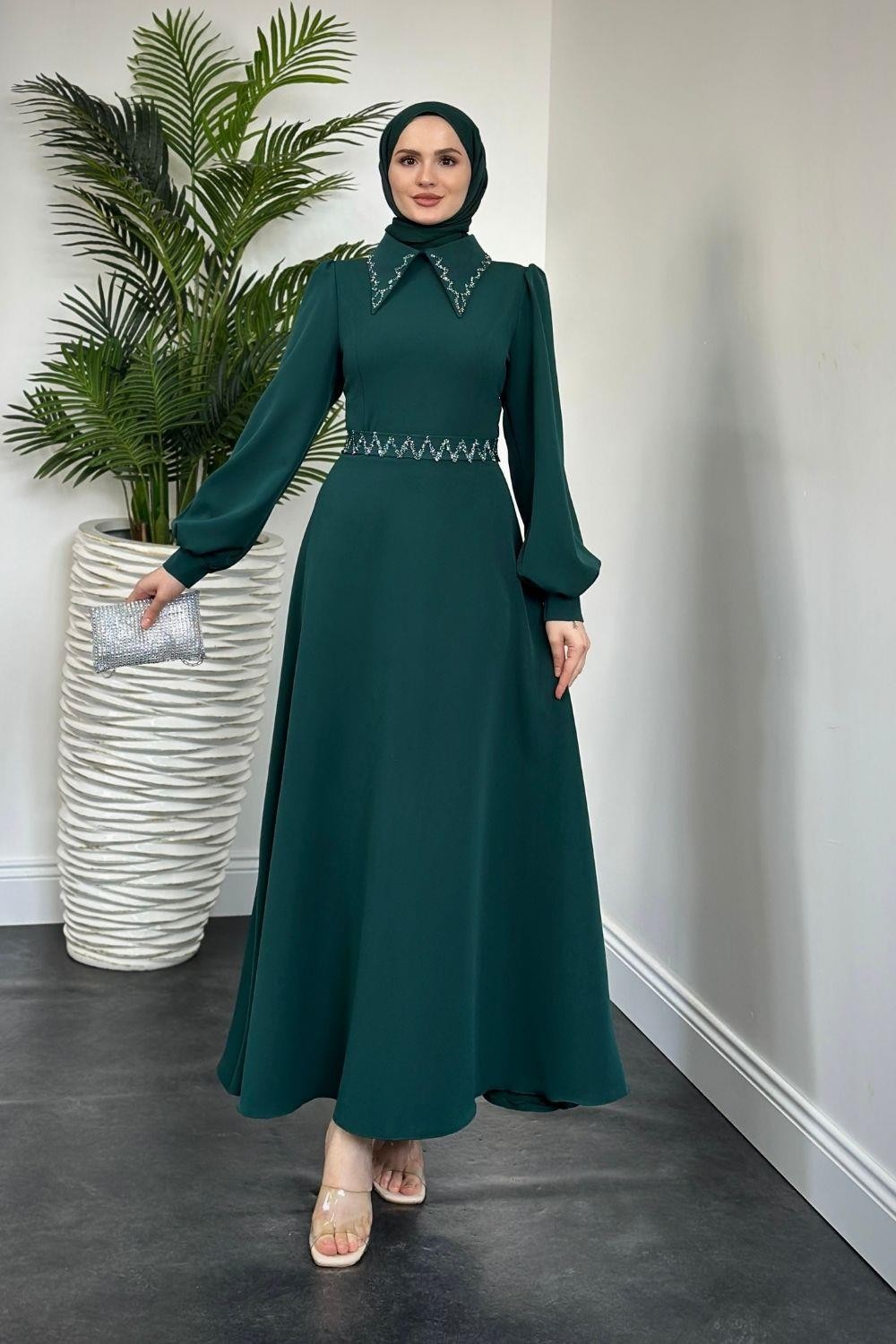 Nomi Yakası Taşlı Mevlana Kesim Abiye Zümrüt