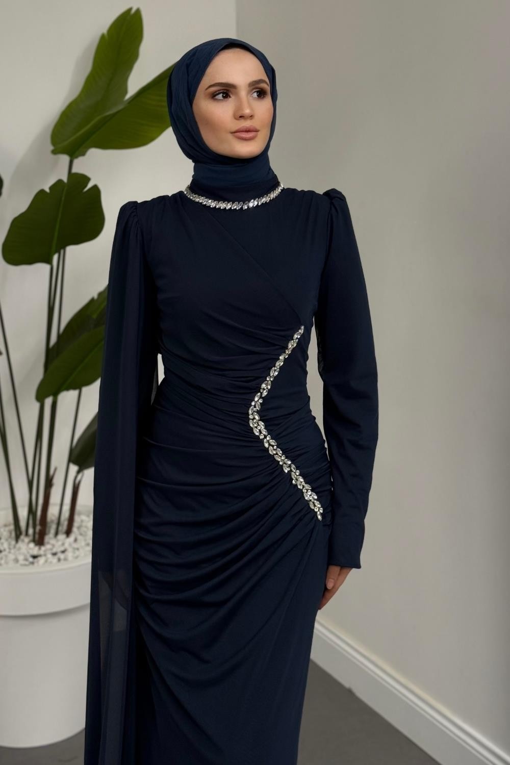 Opheline Taşlı Tül Kumaş Abiye Lacivert