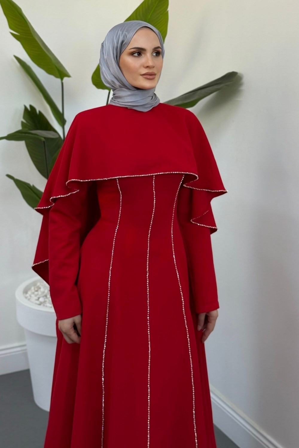 Orelina Seyyar Pelerinli Taşlı Abiye Kırmızı