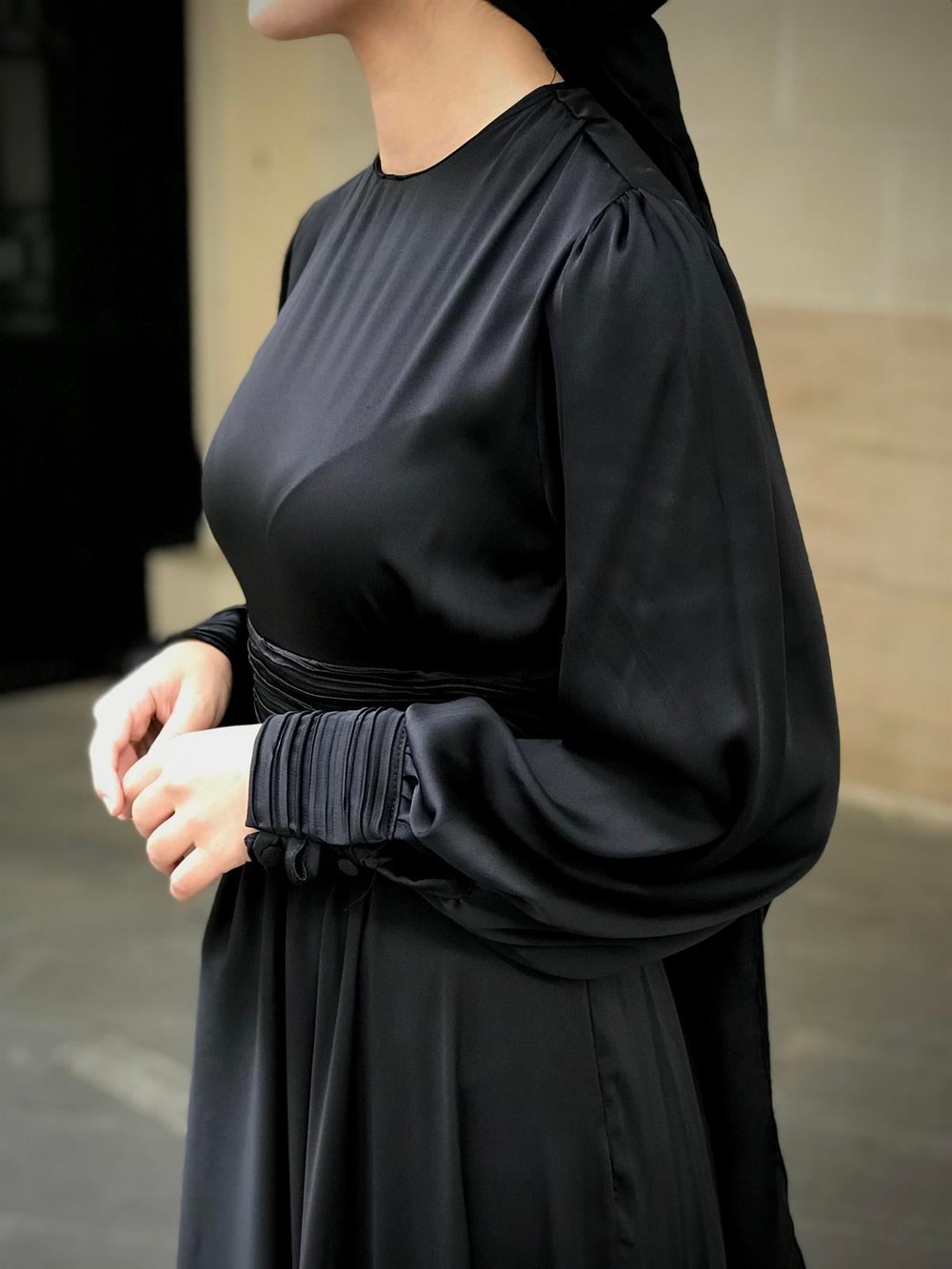 Paris Drapeli Saten Abiye Siyah
