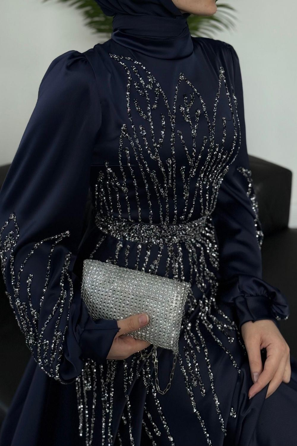 Şahsanem Önü Taşlı Saten Abiye Lacivert