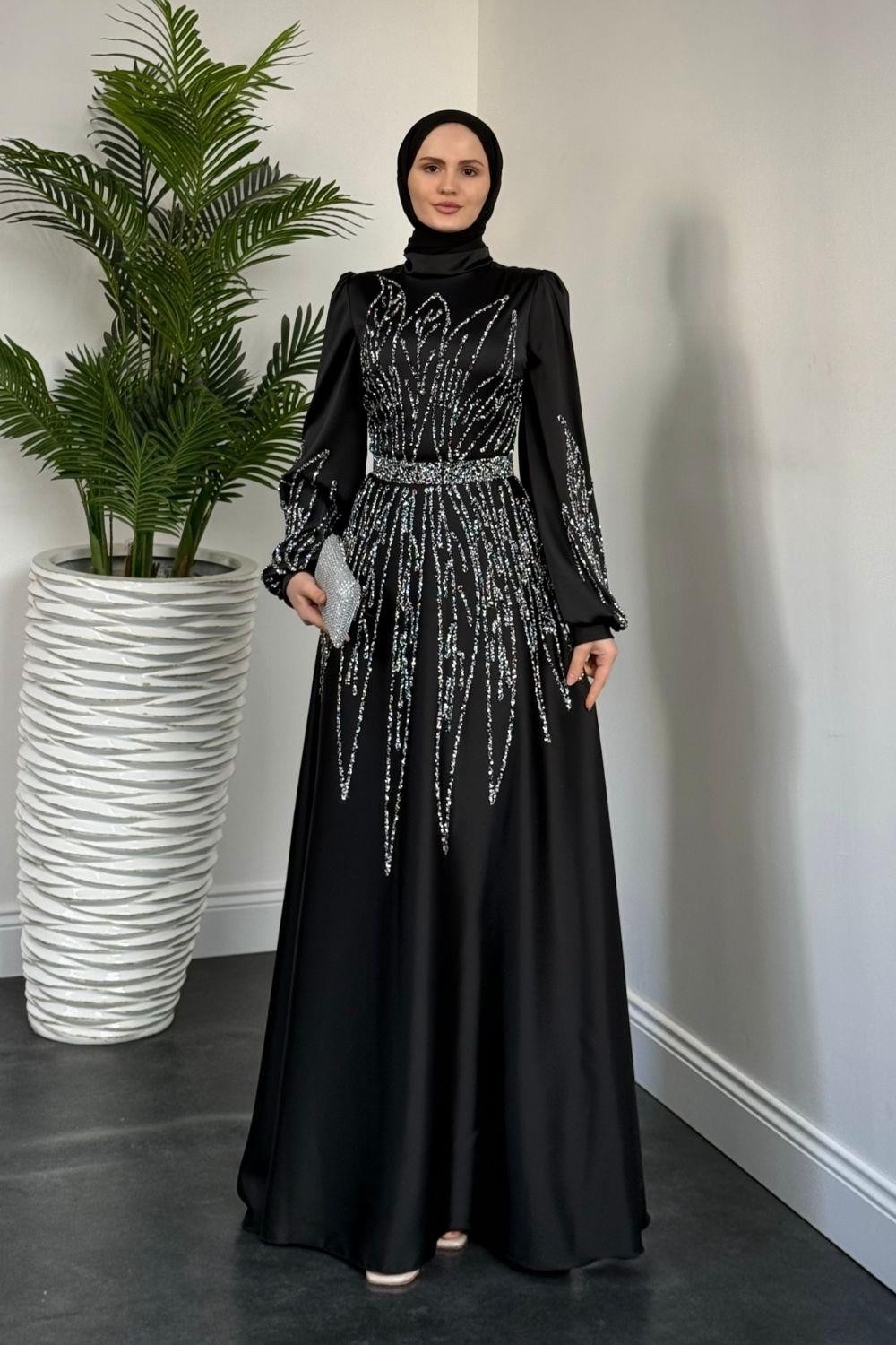 Şahsanem Önü Taşlı Saten Abiye Siyah