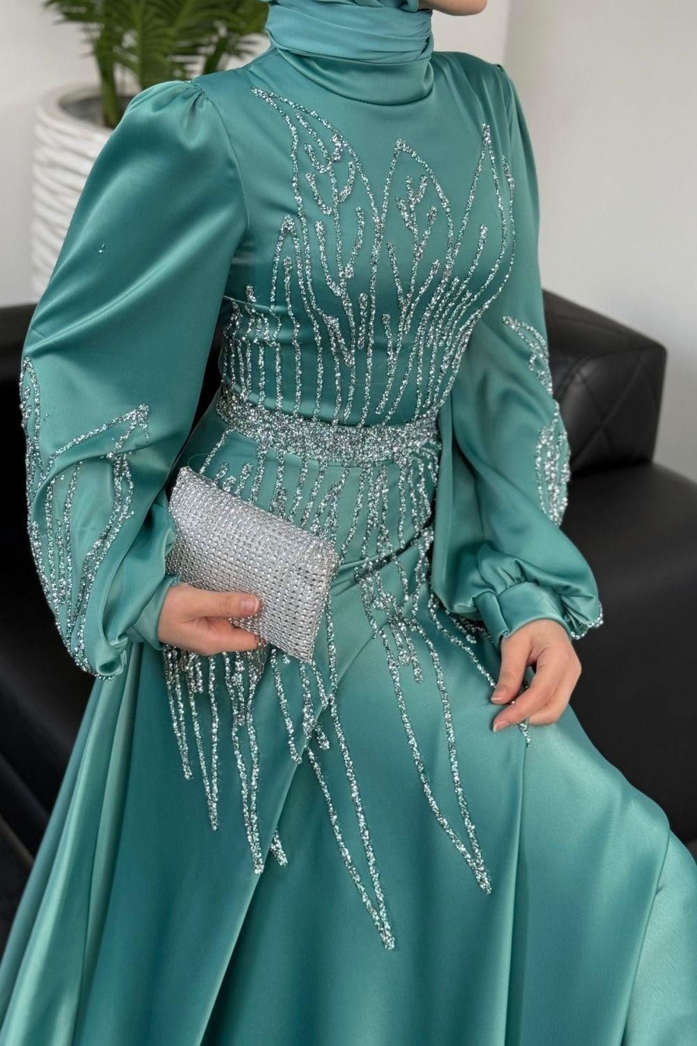 Şahsanem Önü Taşlı Saten Abiye Turkuaz