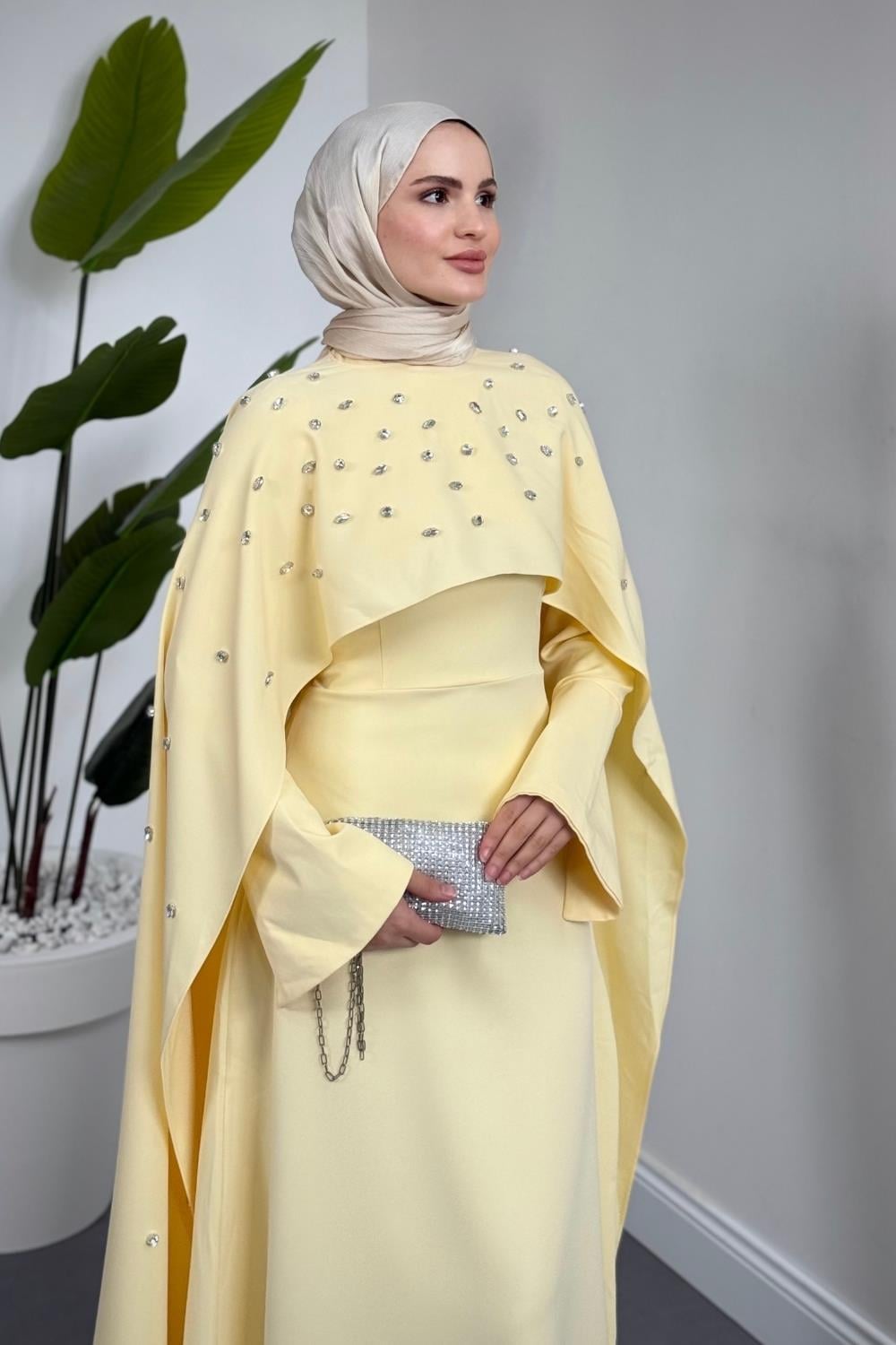 Serenya Pelerini Taşlı Abiye Butter Yellow