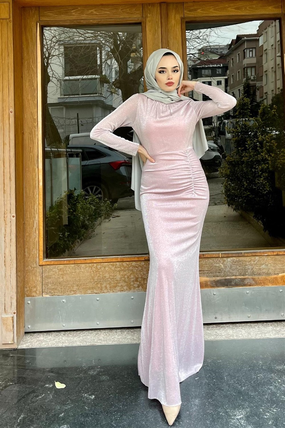 Simli Taş Düğmeli Abiye Pudra