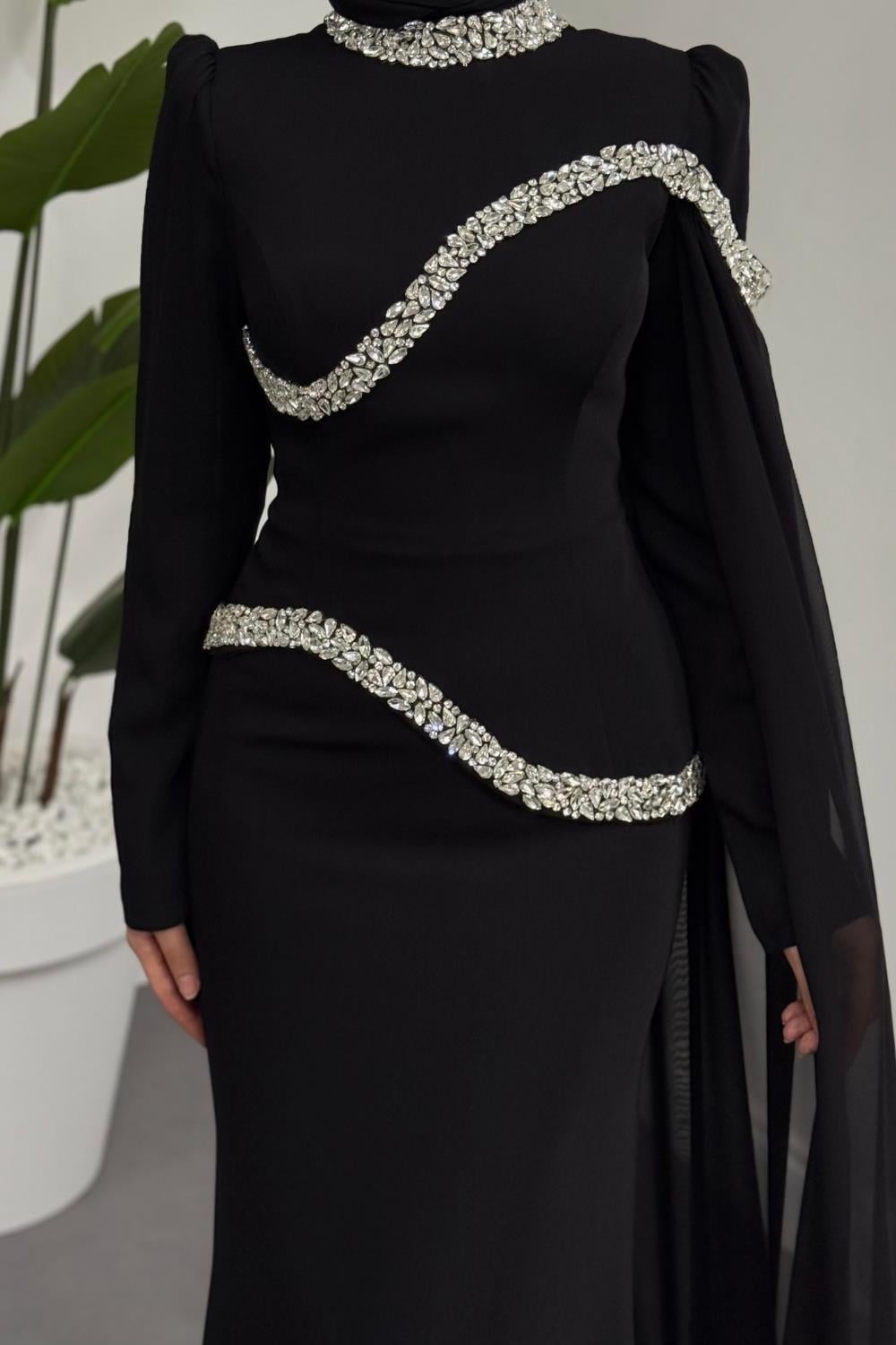 Stareh Taşlı Yandan Abiye Siyah