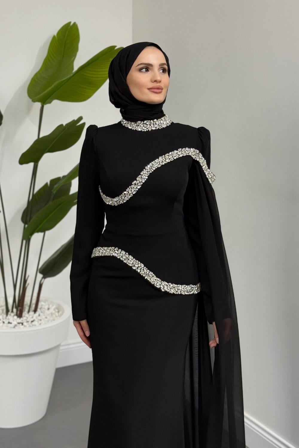 Stareh Taşlı Yandan Abiye Siyah