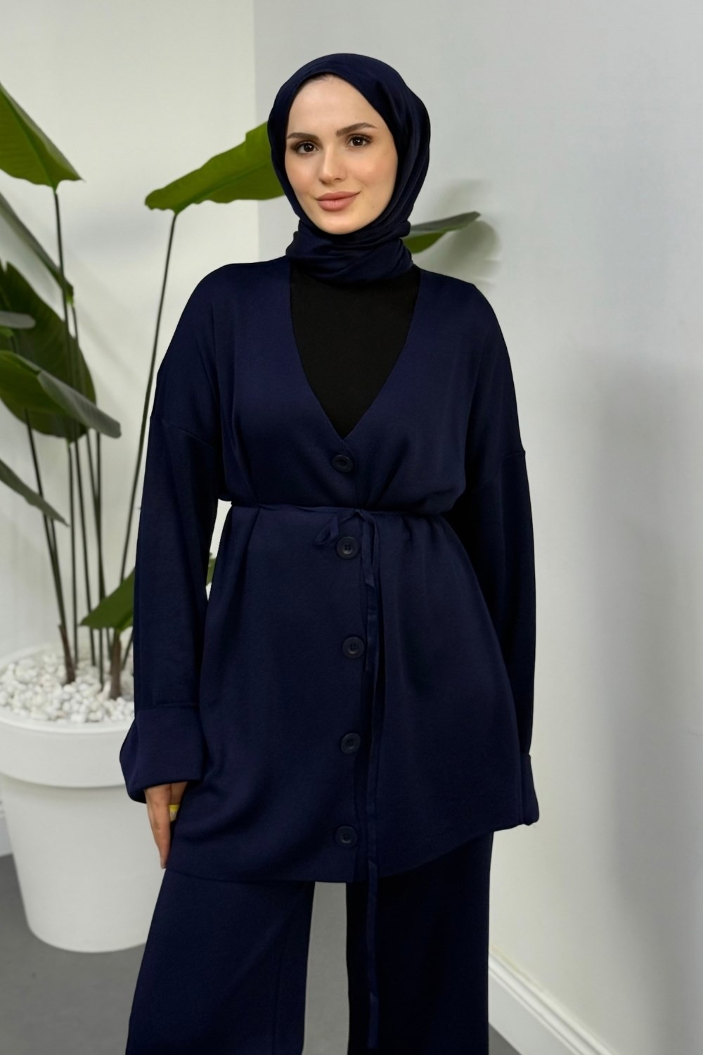 Tahlia Büyük Düğmeli Merserize Pantolon Takım Lacivert