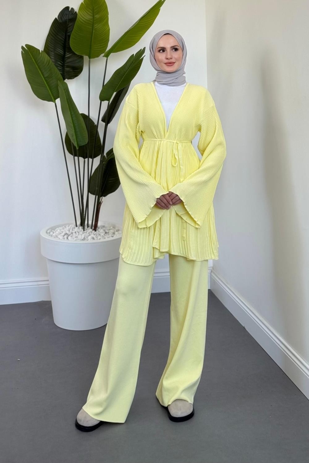 Tera Pliseli Hırka Takım Butter Yellow