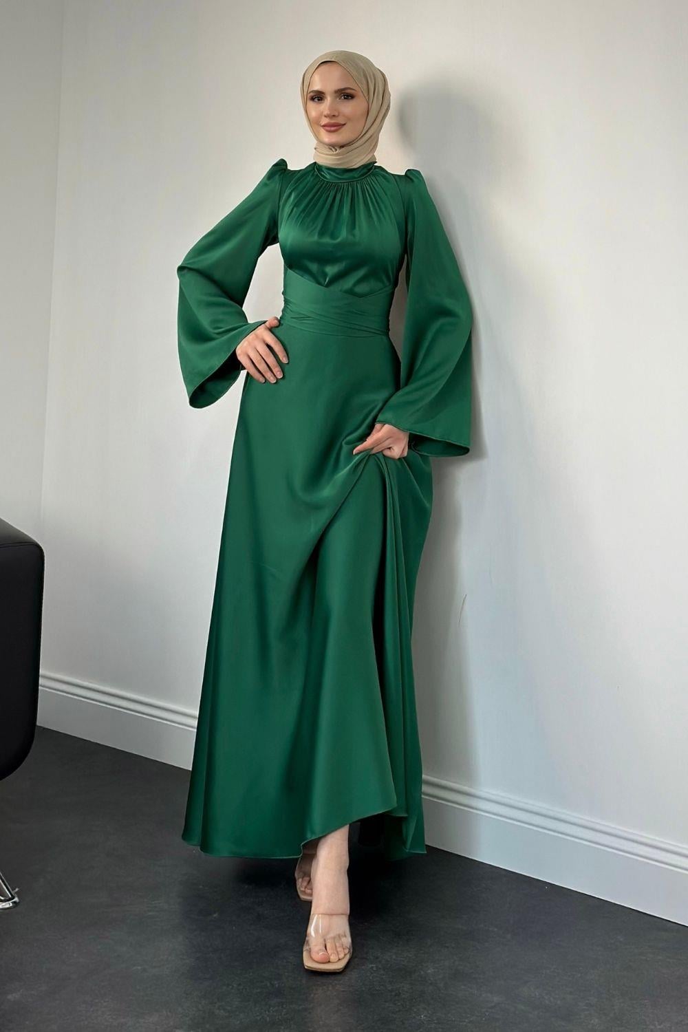 Violet İspanyol Kol Belden Bağlama Saten Elbise Benetton