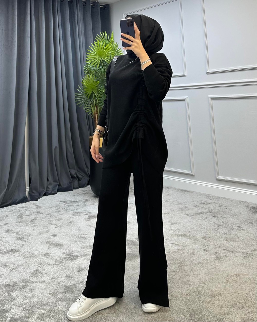 Yanı Büzgülü Triko Takım Siyah