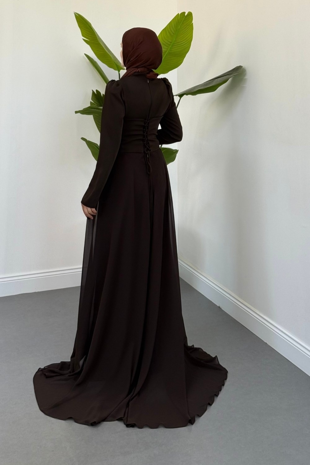 Zenaria Pelerinli Taşlı Seyyar Korseli Abiye Kahverengi