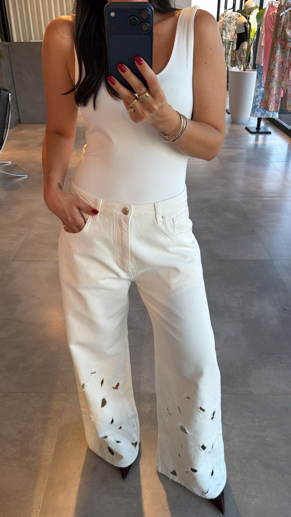Ekru İşlemeli Denim