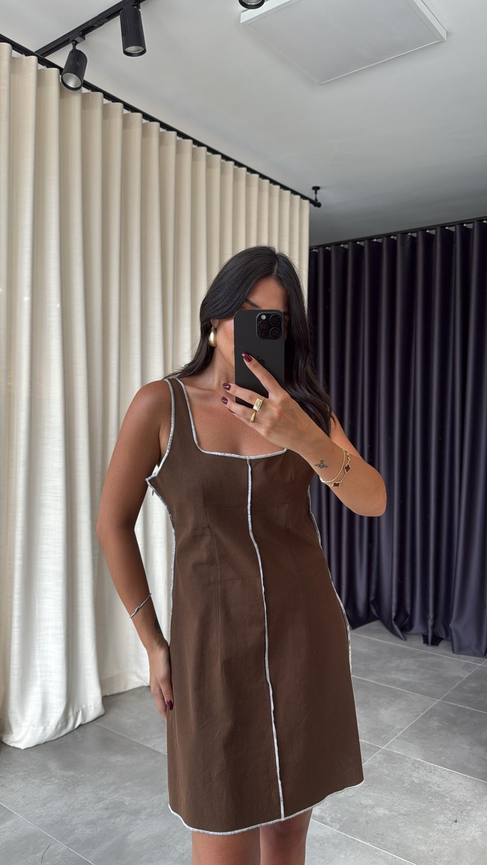 Kahve Kontrast Dikişli Mini Elbise