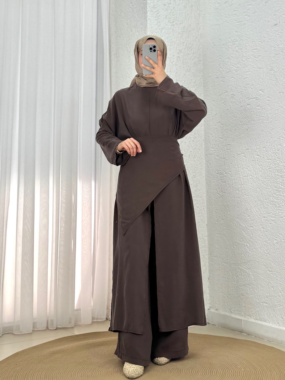 Adanur Pelerinli Tuniği Uzun Pantolonlu Takım-BN4684 Kahve