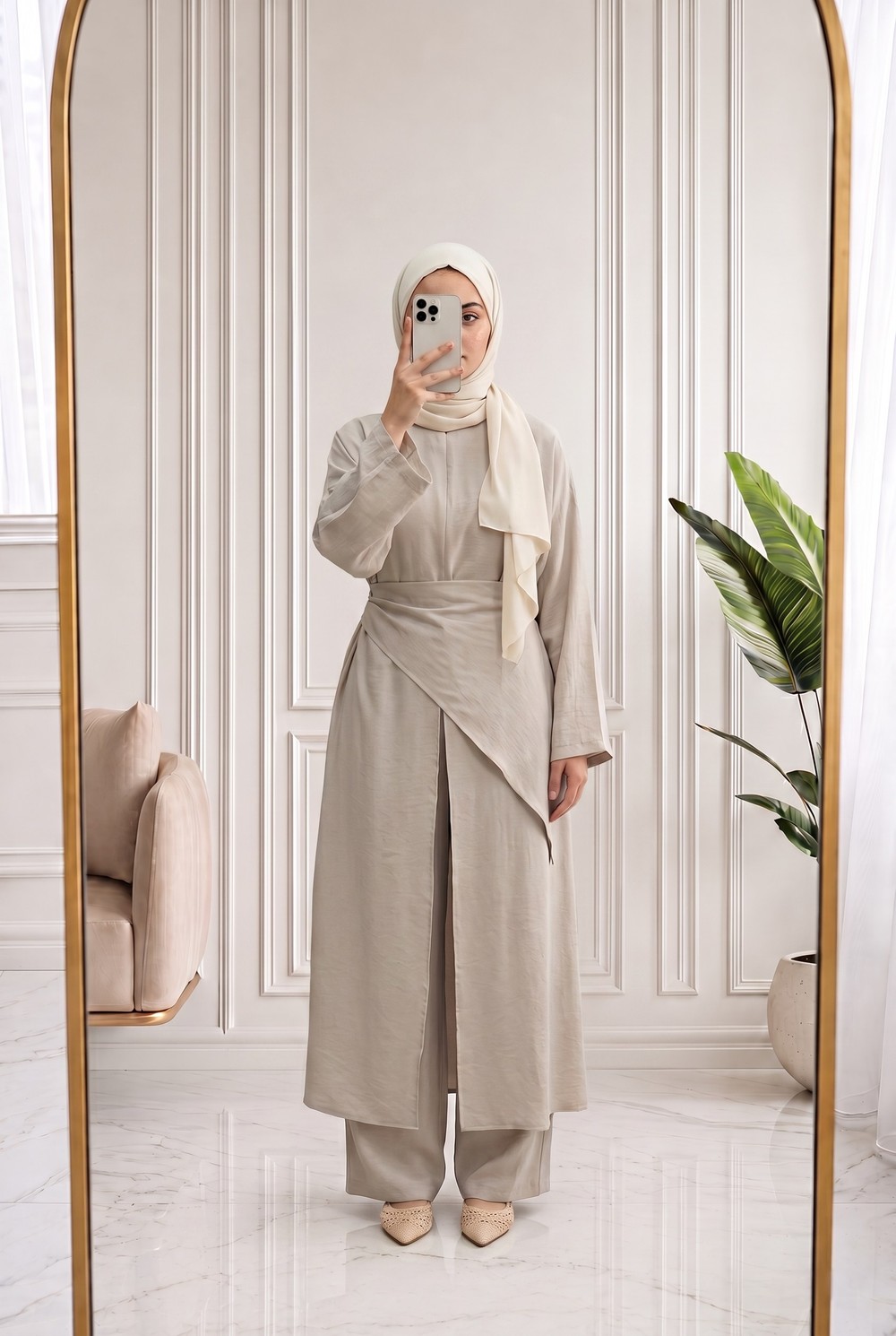 Adanur Pelerinli Tuniği Uzun Pantolonlu Takım-BN4684 Taş