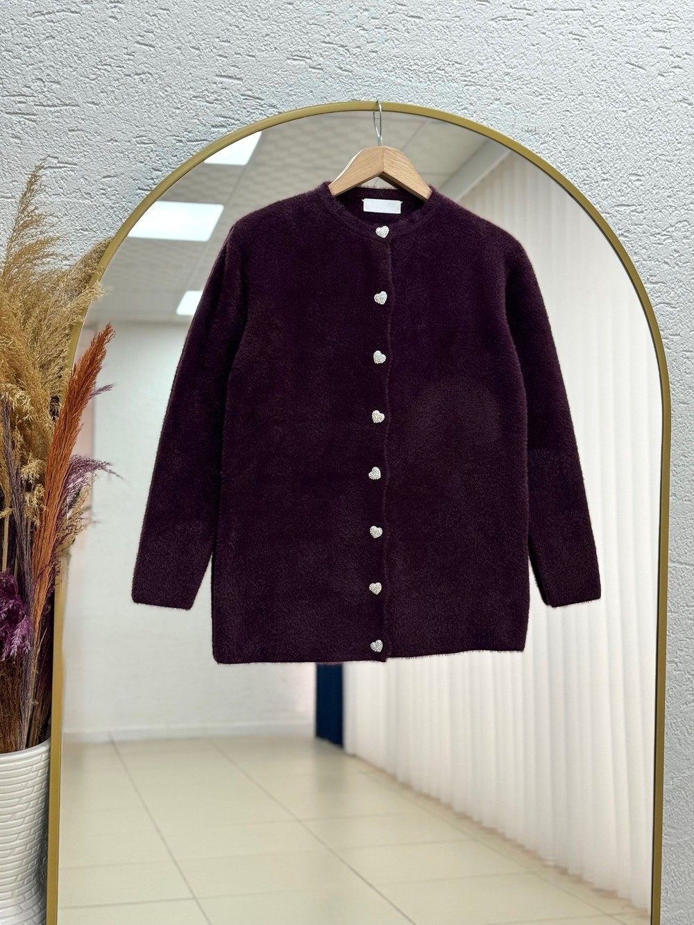 Adora Kalp Düğmeli Sakallı Hırka-KR3198 Mürdüm
