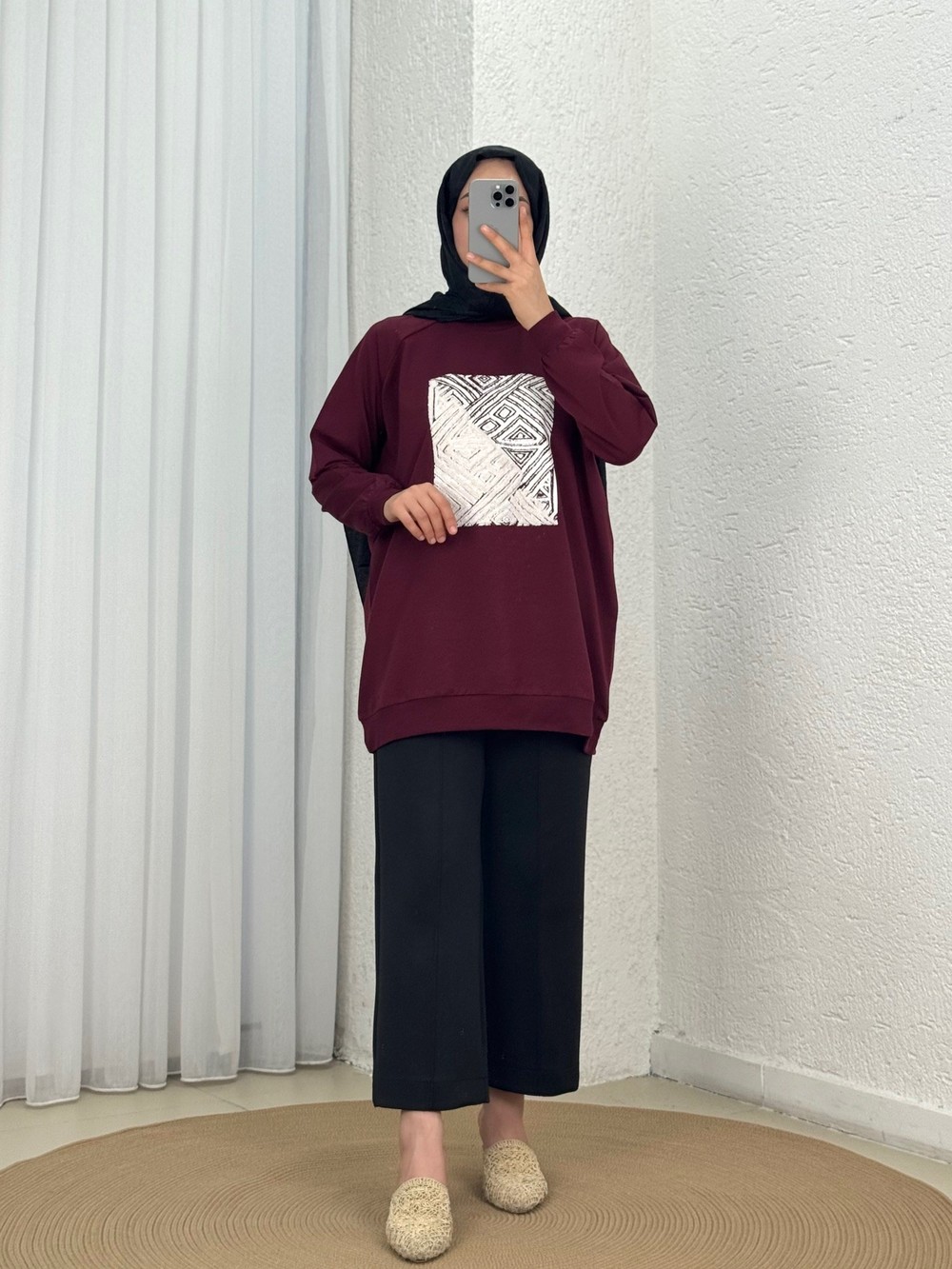 Akınay Baskı Ve Nakışlı Dikiş Detay Sweat-EU2683 Bordo