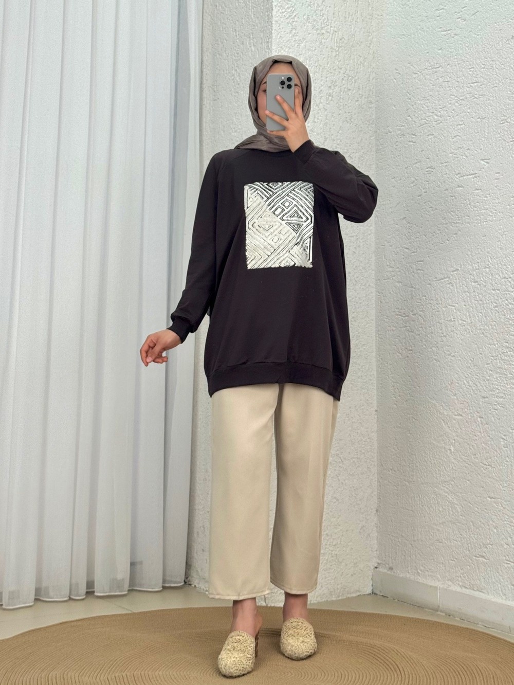 Akınay Baskı Ve Nakışlı Dikiş Detay Sweat-EU2683 Kahve