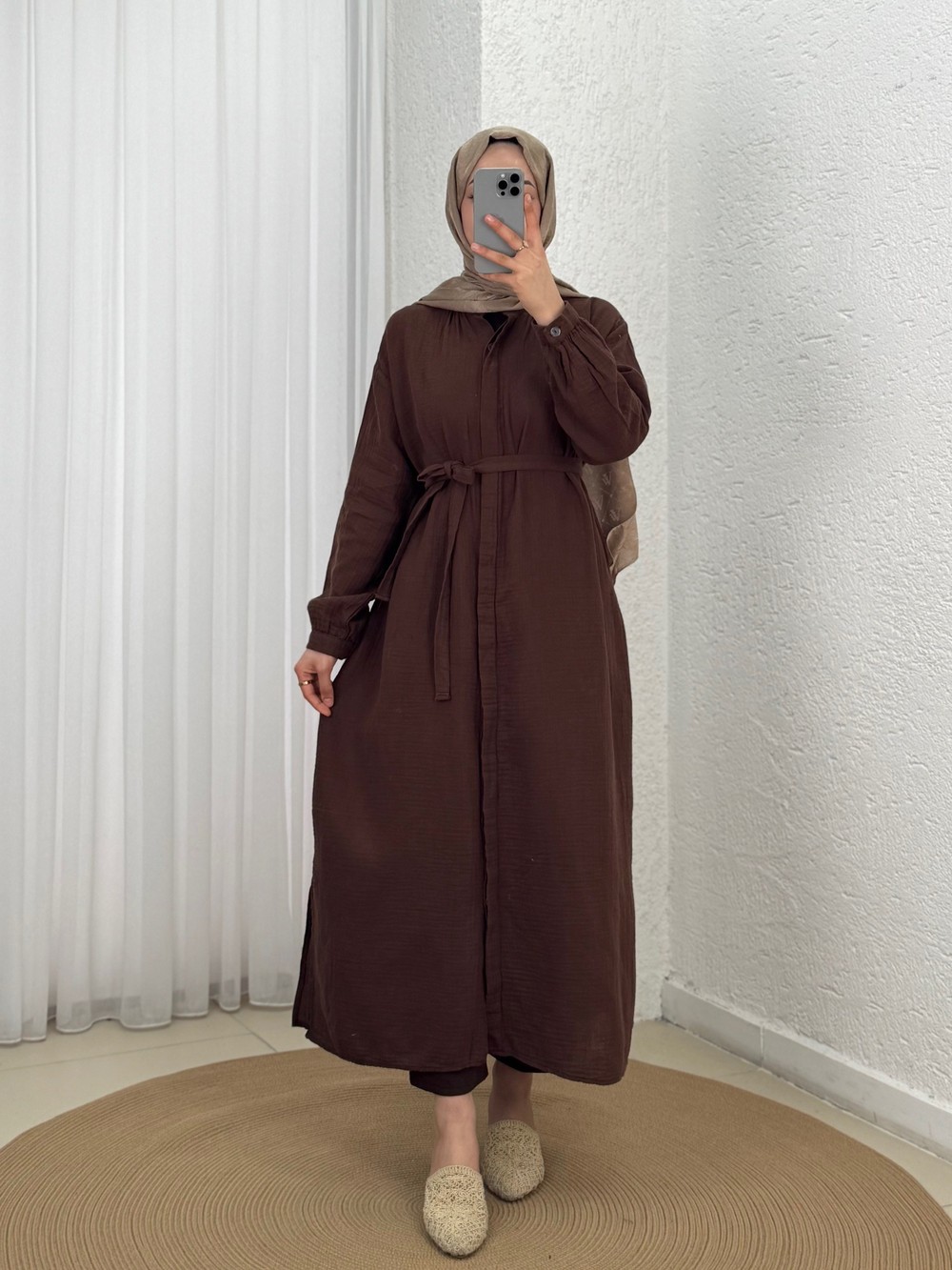 Alaz Gizli Patlı Müslin Uzun Tunik-ML2105 Kahve