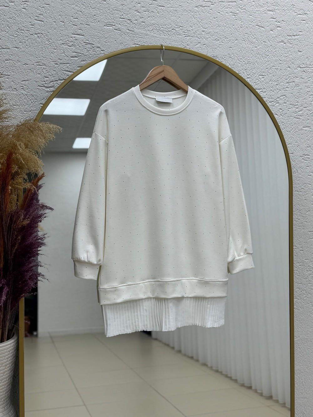 Albina Ful Taşlı Altı Piliseli Oversize Tunik-NA828 Ekru