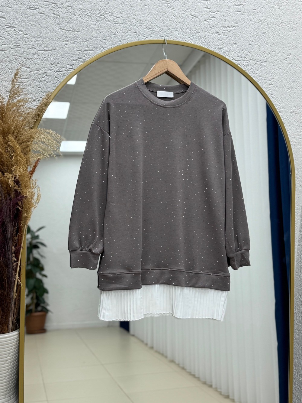 Albina Ful Taşlı Altı Piliseli Oversize Tunik-NA828 Vizon