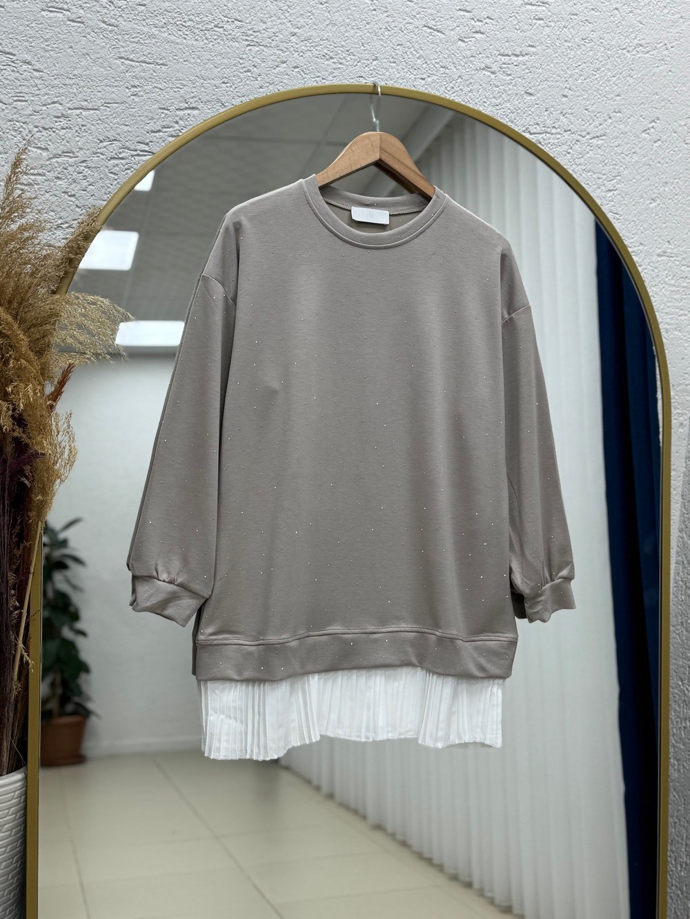 Albina Ful Taşlı Altı Piliseli Oversize Tunik-NA828 Taş