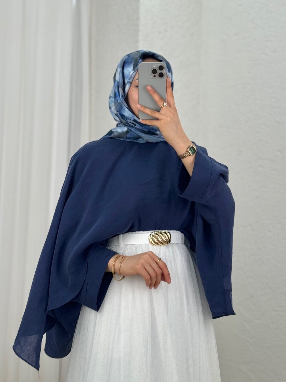 Alis Önü Şallı Yarasa Kol Bluz-ML038 Lacivert