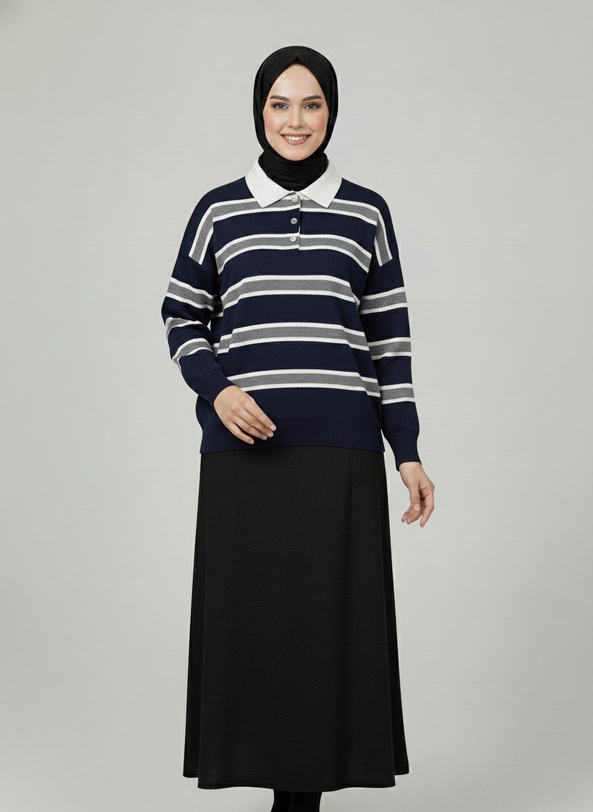 Aliza Polo Yaka Çizgili Düğmeli Kazak-KR5053 Lacivert
