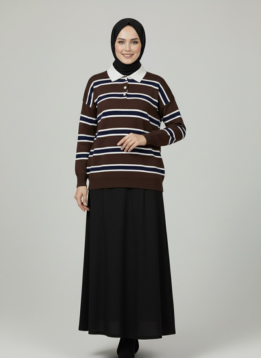 Aliza Polo Yaka Çizgili Düğmeli Kazak-KR5053 Kahve
