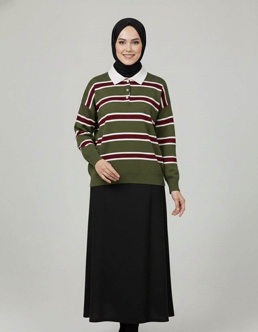 Aliza Polo Yaka Çizgili Düğmeli Kazak-KR5053 Haki